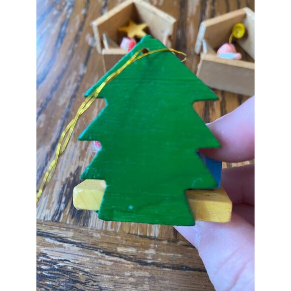 Vintage Wooden Christmas Ornaments Set Of 3 With Angel Figures & Santa On Base - Picture 3 of 6